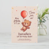 Invitation Jouer Ours 1er anniversaire, Balloon rouge Premier (Debout devant)