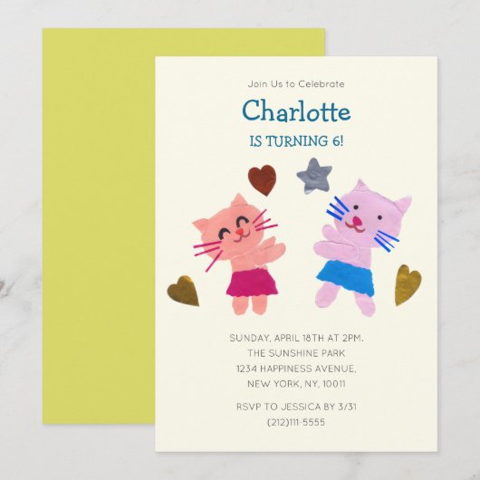 Invitation Jouer Papier Jaune Collage Chats Anniversaire de e (Devant / Derrière)