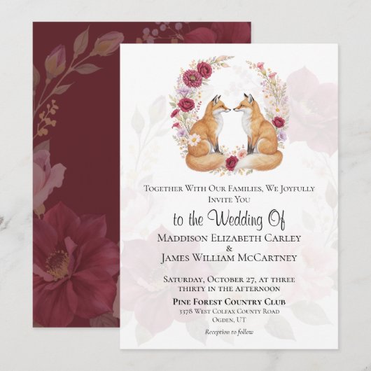 Invitation Jouer Renard Automne Mariage Floral (Devant / Derrière)