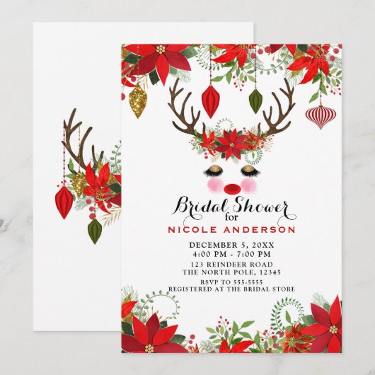 Invitation Joues Roses Yeux Dorés Fête de Mariage de Renne (Devant / Derrière)