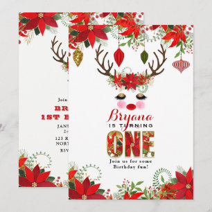Invitation Joues roses yeux dorés Reindeer floral 1ER ANNIVER
