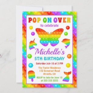 Invitation Jouet anti-stress Pop It arc-en-ciel pour annivers