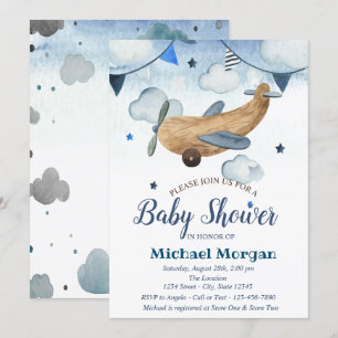 Invitation Jouet avion aquarelle, Étoiles, Nuages Baby Shower