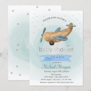 Invitation Jouet Avion, Étoiles Présente une Baby Shower Bleu