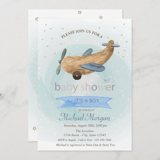Invitation Jouet d'avion, Stars présente Baby shower bleu (Devant / Derrière)