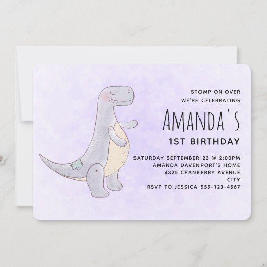 Invitation Jouet Dinosaure gris mou Aquarelle Anniversaire (Devant)