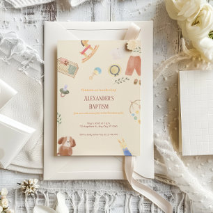 Invitation Jouet en Aquarelle Beige Brown Baptême