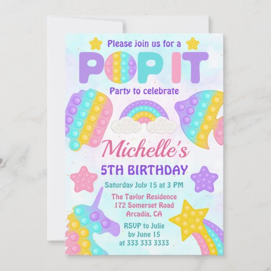 Invitation Jouet Fidget Pop Arc-en-ciel Pastel pour Anniversa (Devant)