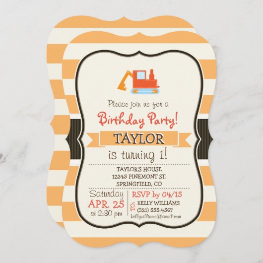 Invitation Jouet Orange Construction Backhoe (Devant / Derrière)