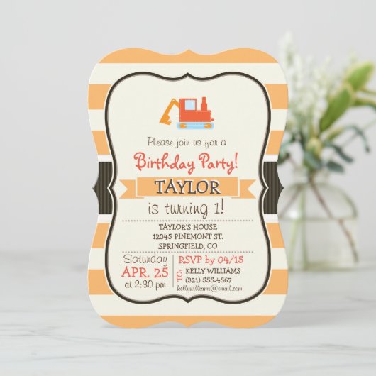 Invitation Jouet Orange Construction Backhoe (Debout devant)