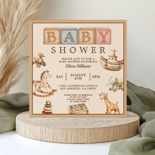 Invitation Jouets à l'aquarelle vintage pour bébé de genre ne