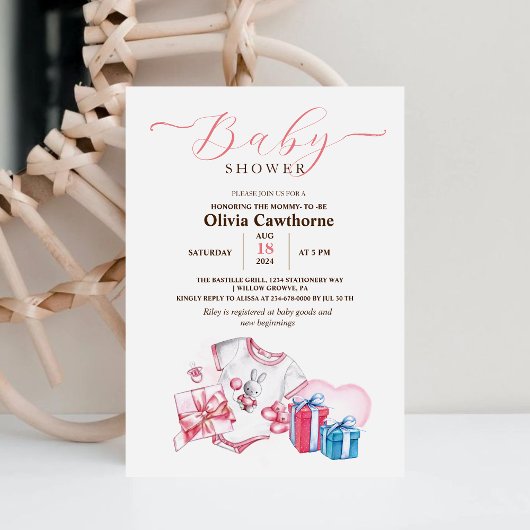 Invitation Jouets en aquarelle rose bébé fille douche Invitat