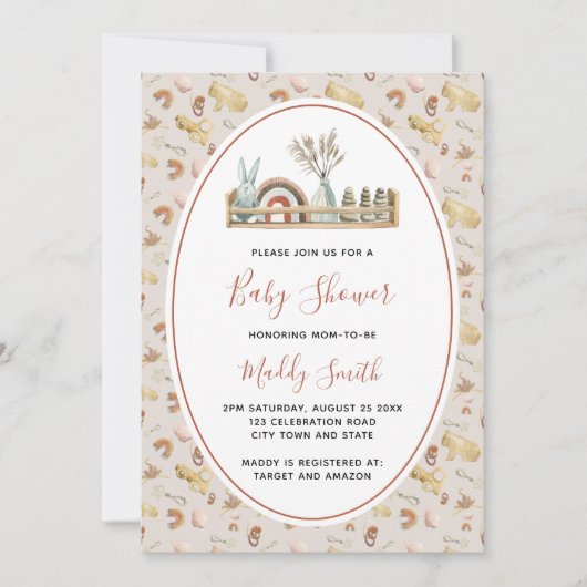 Invitation Jouets en bois Boho Terracotta Rainbow Baby shower (Devant)