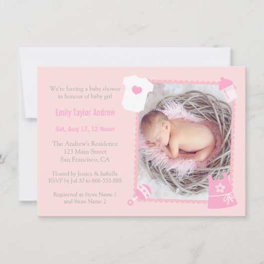 Invitation Jouets et bouteille Photo Baby Girl Douche Invitat (Devant)