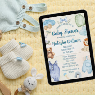 Invitation Jouets et vêtements aquarelle bleue Baby Shower
