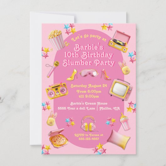 Invitation Jouets poupées roses Stwood Sleepover fête d'anniv (Devant)