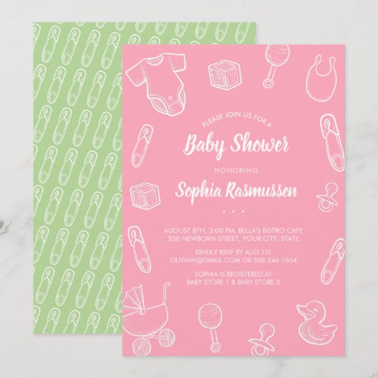 Invitation Jouets pour bébé Fille Vêtements Baby shower rose  (Devant / Derrière)