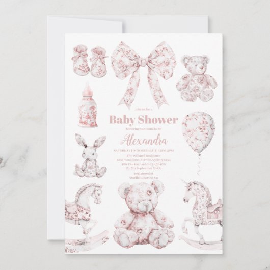 Invitation Jouets Toile De Jouy Rose Baby Shower (Devant)