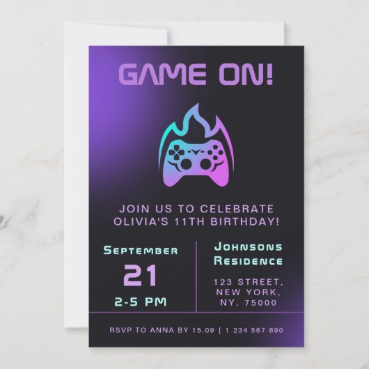 Invitation Joueuse Anniversaire Fête Neon Video Jeu Thème (Devant)