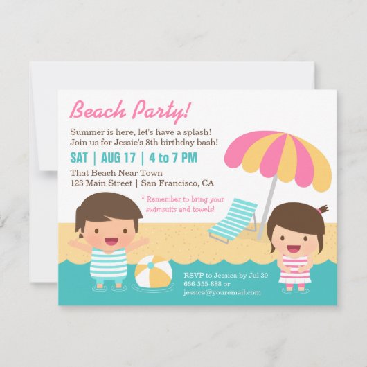 Invitation Jour d'anniversaire à la plage de Cute Kids Swimsu (Devant)