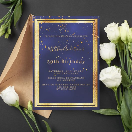Invitation Jour d'anniversaire bleu marine confetti or