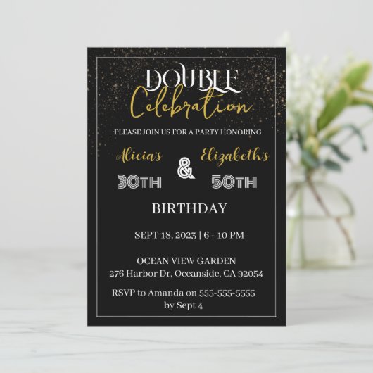 Invitation Jour d'anniversaire conjoint adulte Noir & Or comb (Debout devant)