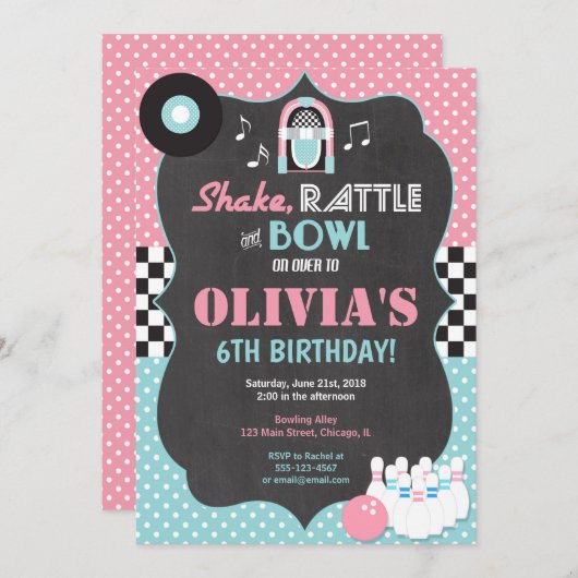 Invitation Jour d'anniversaire de Bowling rock and roll (Devant / Derrière)