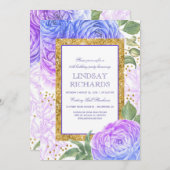 Invitation Jour d'anniversaire de Confetti Floral Bleu et Vio (Devant / Derrière)