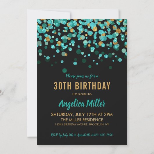 Invitation Jour d'anniversaire de la Confetti Turquoise Gold  (Devant)