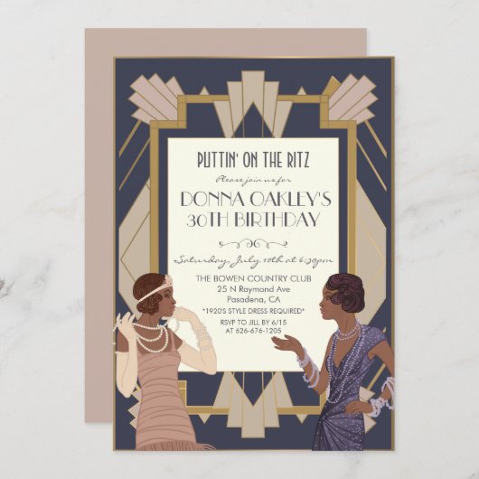 Invitation Jour d'anniversaire de la Gatsby Art Déco afro-amé (Devant / Derrière)