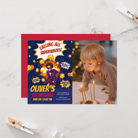 Invitation Jour d'anniversaire de la photo du garçon Superher (Devant/Arrière en situation)