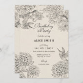 Invitation Jour d'anniversaire de l'hydrangée d'oiseaux beige (Devant / Derrière)