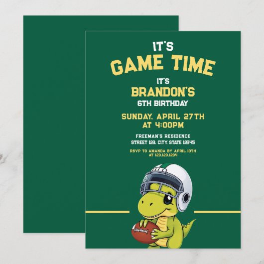 Invitation Jour d'anniversaire du Dinosaure de football vert (Devant / Derrière)