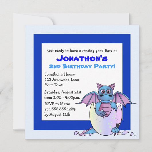 Invitation Jour d'anniversaire du joli dragon - Bleu (Devant)