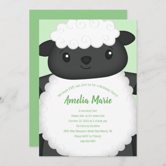 Invitation Jour d'anniversaire du mouton Vert (Devant / Derrière)