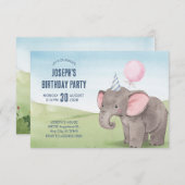 Invitation Jour d'anniversaire d'une belle aquarelle d'élépha (Devant / Derrière)