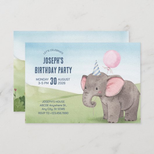 Invitation Jour d'anniversaire d'une belle aquarelle d'élépha (Devant / Derrière)