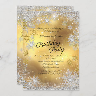 Invitation Jour d'anniversaire Gold White Silver Snowflake