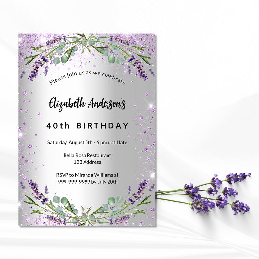 Invitation Jour d'anniversaire lavande argent eucalyptus verd