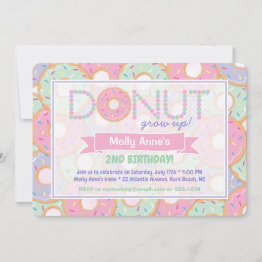 Invitation Jour d'anniversaire, le beigne rose et pourpre gra (Devant)