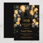 Invitation Jour d'anniversaire moderne 50th Black Gold (Devant / Derrière)