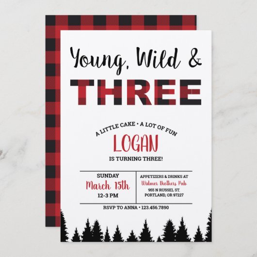 Invitation Jour D'Anniversaire Plaid Young Wild &  (Devant / Derrière)