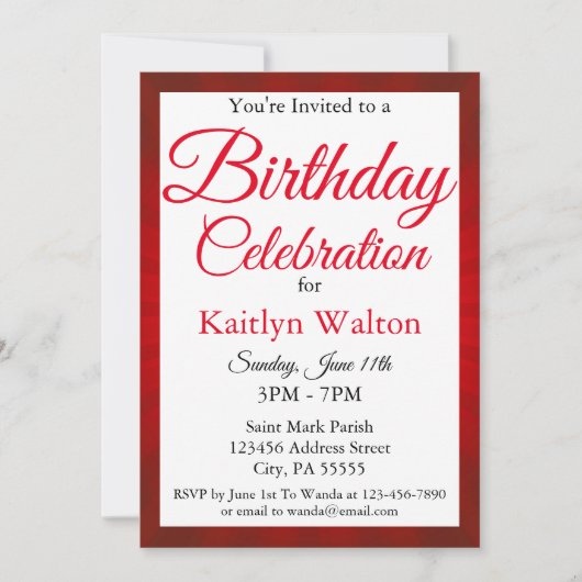 Invitation Jour d'anniversaire Red Sunburst Script (Devant)