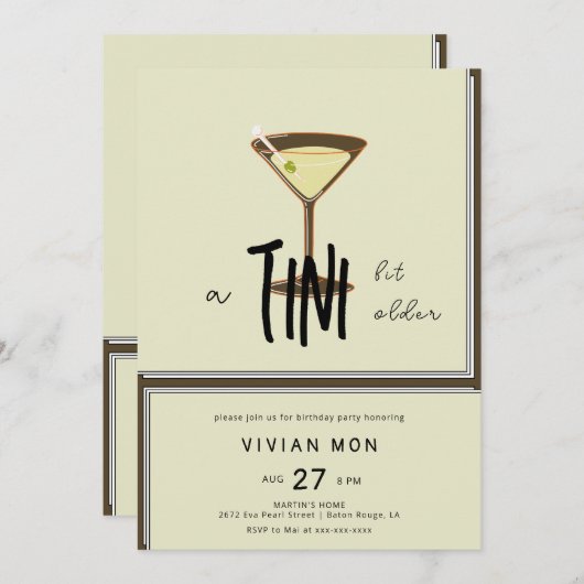 Invitation Jour d'anniversaire stylé Olive Martini a Tini Bit (Devant / Derrière)