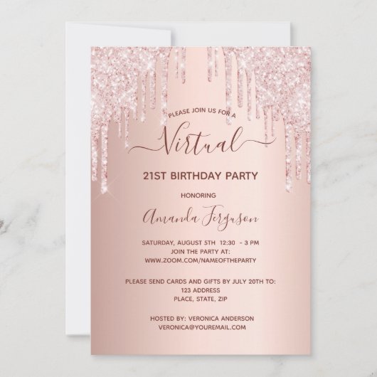 Invitation Jour d'anniversaire virtuel rose or parties scinti (Devant)