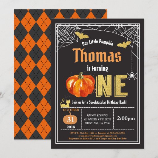 Invitation Jour de 1er anniversaire d'Halloween bébé Or noir (Devant / Derrière)