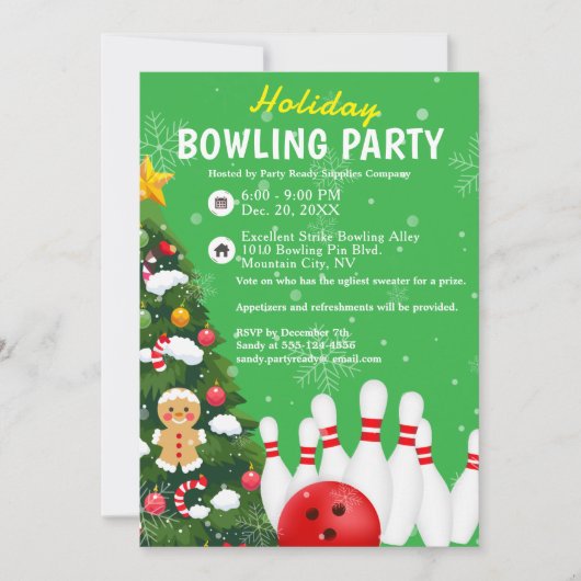 Invitation Jour de bowling de Noël Arbre vert Arrière - plan (Devant)
