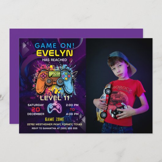 Invitation Jour de fête de jeu vidéo Game On Level Up (Devant / Derrière)
