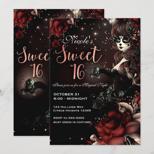 Invitation Jour de la Fille Morte Black Red Sweet 16 Party (Devant / Derrière)