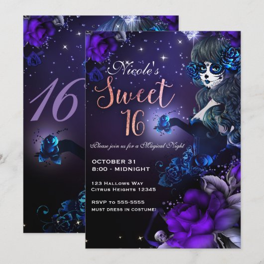 Invitation Jour de la Fille Morte Purple Blue Sweet 16 Party (Devant / Derrière)